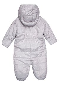 Grijze gevoerde sneeuwpak met een capuchon, voorzien van een sterpatroon in het roze. Elastische tailleband aan de achterkant en een ritssluiting. Zachte textuur.