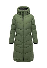 Manteau d'hiver long matelassé vert olive avec capuche, fermeture éclair frontale, deux poches zippées et cordons de serrage ajustables sur la capuche.