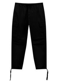 Czarne spodnie cargo wykonane z lekkiego materiału, z dwiema bocznymi kieszeniami, ściągaczami przy mankietach oraz luźnym fasonem.