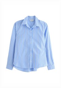 Blå og hvide lodrette striber langærmet skjorte med krave, der har en lige kant og et let stof.