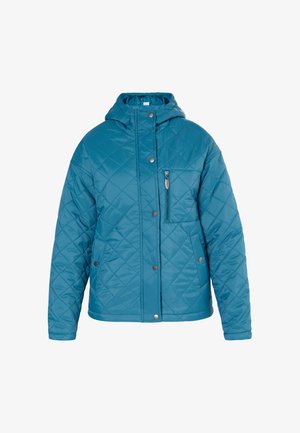 Gestepptes Kapuzenjacke in Teal, ausgestattet mit Druckknöpfen, einer Reißverschlusstasche auf der Brust und einem lockeren Schnitt. Glattes, leichtes Material mit einem dezenten Glanz.