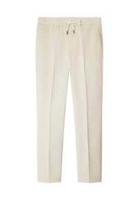 Pantalones beige ligeros con cintura elástica y cordón. Presentan pliegues y bolsillos laterales, textura suave y diseño de pierna ajustada.