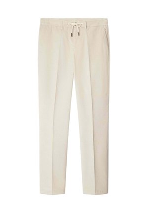 Beżowe lekkie spodnie z elastycznym pasem i sznurkiem. Posiadają pliski oraz boczne kieszenie, gładką teksturę i tapered leg design.