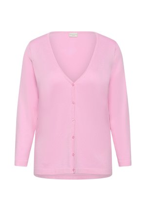 Hele heleroosa pika varrukaga kardigan V-kaelusega ja kuue esinööbiga, valmistatud pehmest kangast, sildi on näha kaeluse sees.