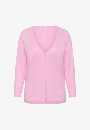 Hellrosa langärmeliger Cardigan mit V-Ausschnitt und sechs Knöpfen vorne, aus weichem Stoff, Etikett innen am Halsausschnitt sichtbar.