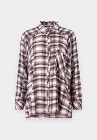 Pitkähihainen ruudullinen paita beige-, ruskea- ja purppuratävyissä; siinä on napilla suljettava etuosa, terävä kaulus ja rintatasku.