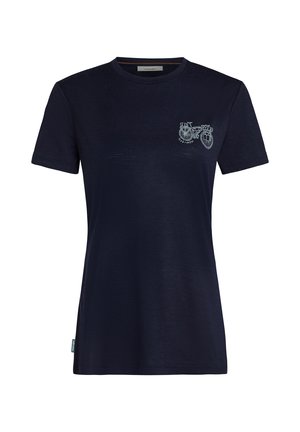 Navy blue short-sleeve t-shirt in soft fabric featuring a white bicycle graphic on the left chest. Round neckline and relaxed fit.