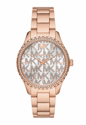 Roségoldfarbene Uhr mit silbernem perforiertem Zifferblatt, besetzter Lünette und Gliederarmband. Verfügt über ein Logo und große Ziffernmarkierungen bei 12.