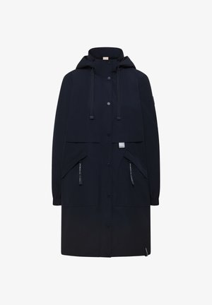 Abrigo largo de lluvia en azul marino oscuro con capucha, botones de presión delanteros, dos grandes bolsillos con solapa y tiradores, y cordones ajustables en la capucha.