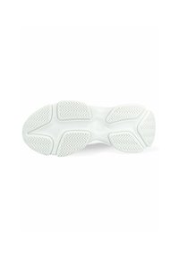 Semelle de sneaker blanche présentant un grip en caoutchouc texturé avec un motif en vagues, un design segmenté et une zone centrale lisse.