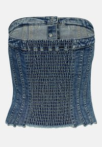 Denim fűző felső, amely strukturált, testhez simuló kialakítással rendelkezik, enyhén rojtos szegéllyel, smockolt hátrésszel és jellegzetes kék színváltozatokkal.
