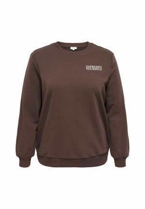 Sweatshirt brun à col rond avec des poignets et un ourlet côtelés, arborant le texte blanc "ESPRESSO YOURSELF" sur le côté supérieur gauche de la poitrine.