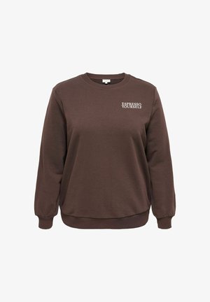 Brun crewneck sweatshirt med ribbede manchetter og kant, der har hvid tekst "ESPRESSO YOURSELF" på den øverste venstre bryst.