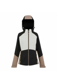 Veste softshell colorblock pour femmes avec devant gris, corps noir, manches marron, capuche ajustable, fermeture éclair frontale et poches avant.