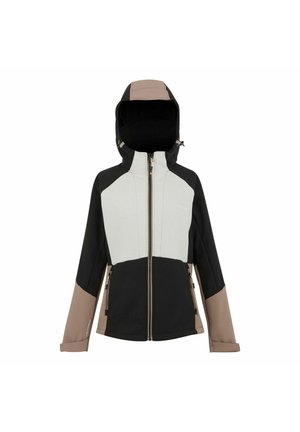 Women's color-block softshell jacket with gray front, black body, brown sleeves, and adjustable hood, zipped front, and front pockets.