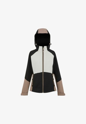 Women's color-block softshell jacket with gray front, black body, brown sleeves, and adjustable hood, zipped front, and front pockets.
