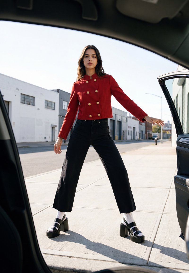 Femme portant une veste rouge, un pantalon noir à larges jambes et des chaussures à plateforme, debout jambes écartées devant une porte de voiture ouverte dans une rue ensoleillée.