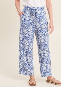 Blauw en wit gestreepte wijde broeken met een trekkoord in de taille. Gemaakt van lichtgewicht stof, met bloemendessins. Casual pasvorm met zakken.