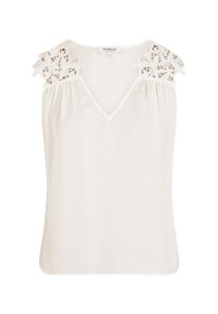 Blusa blanca con escote en forma de V y acentos de encaje decorativos en los hombros. Tela suave y ligera con un corte relajado y detalles fruncidos.