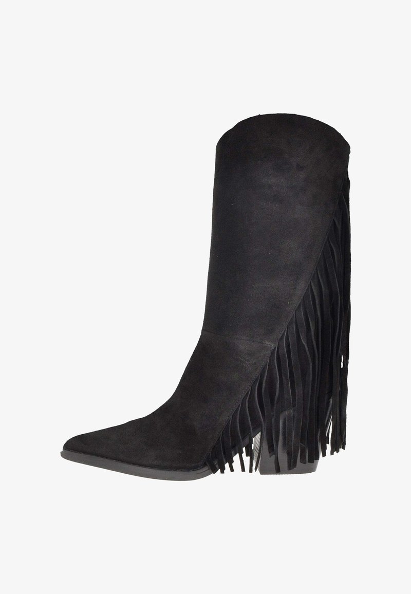 Stivale in suede nero alto fino al ginocchio con punta a punta, dettaglio in frange testurizzate lungo i lati e tacco blocco robusto.
