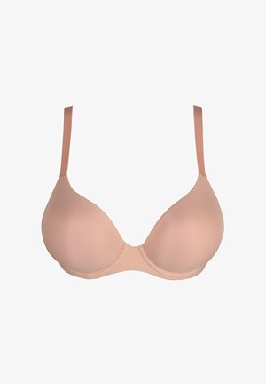 Nagie, lekko usztywniane biustonosze z gładkiego materiału, regulowane ramiączka i klasyczny fason na drucie. Bezszwowe wykończenie dla dyskretnego noszenia.