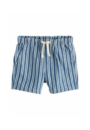 Blaue und weiße gestreifte Shorts aus Denim mit elastischem Bund und Kordelzug. Verfügt über seitliche Taschen und einen geraden Schnitt.