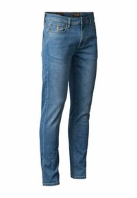 Jean en denim bleu coupe slim avec poches avant et arrière, fermeture à boutons et légère décoloration sur les cuisses et les genoux.