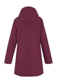Imperméable long violet foncé avec capuche, vu de dos, doté de manches longues et d'un ourlet droit.