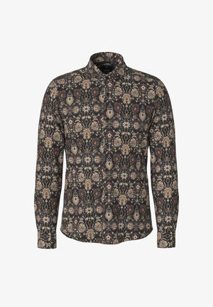 Herren Langarm-Hemd mit Knopfleiste auf dunklem Hintergrund und einem aufwendigen floralem und paisley Muster in Beigetönen, Braun und Marron.