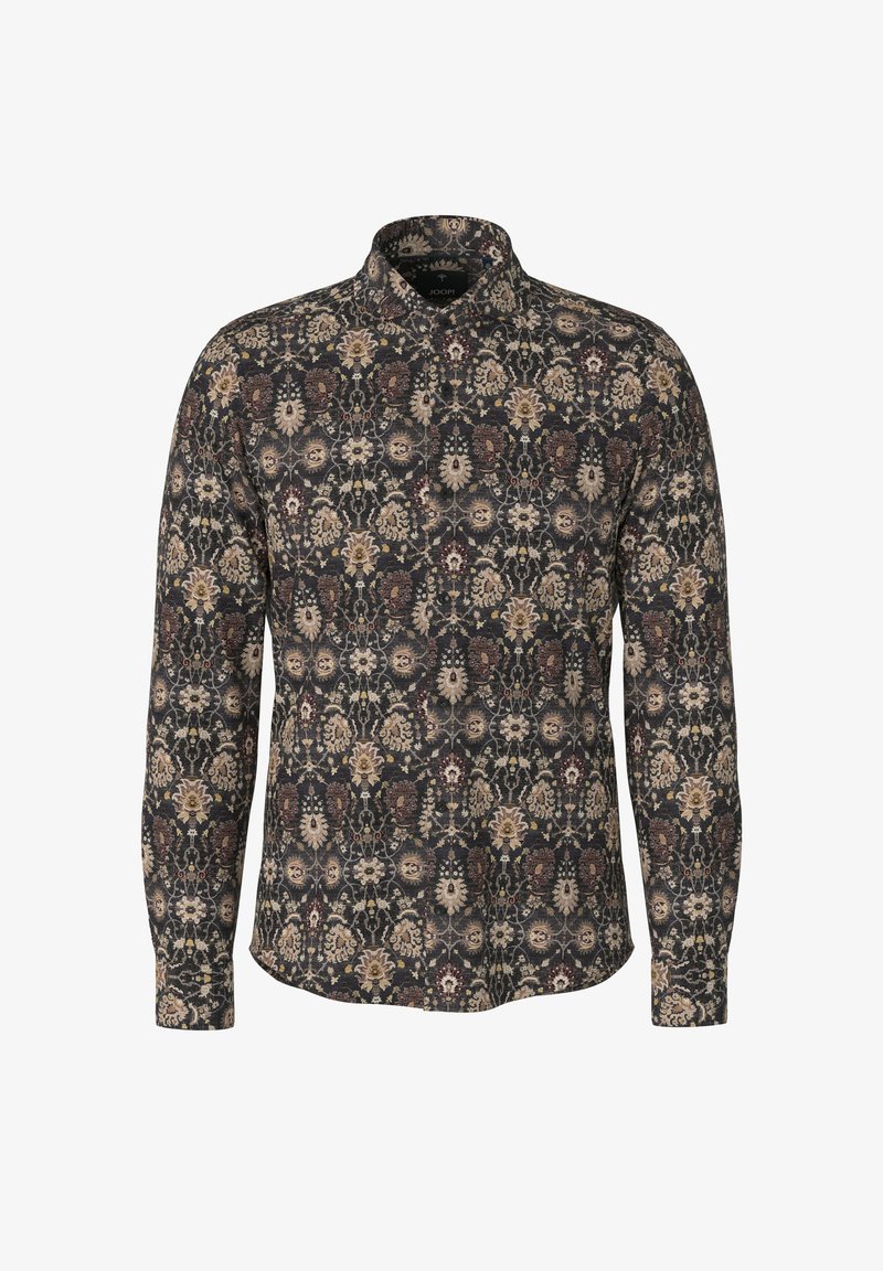 Herren Langarm-Hemd mit Knopfleiste auf dunklem Hintergrund und einem aufwendigen floralem und paisley Muster in Beigetönen, Braun und Marron.