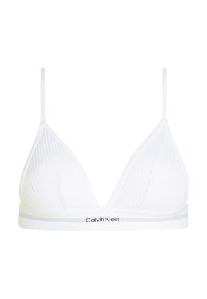 Bralette blanca en forma de triángulo, con textura acanalada, tirantes finos ajustables, banda elástica ancha con el logo "Calvin Klein" y acabado de tela suave.