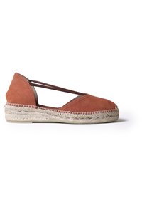 Rust-colored suede espadrille with a jute rope sole, featuring a crisscross strap design and rounded toe. Smooth texture with minimal accents.
