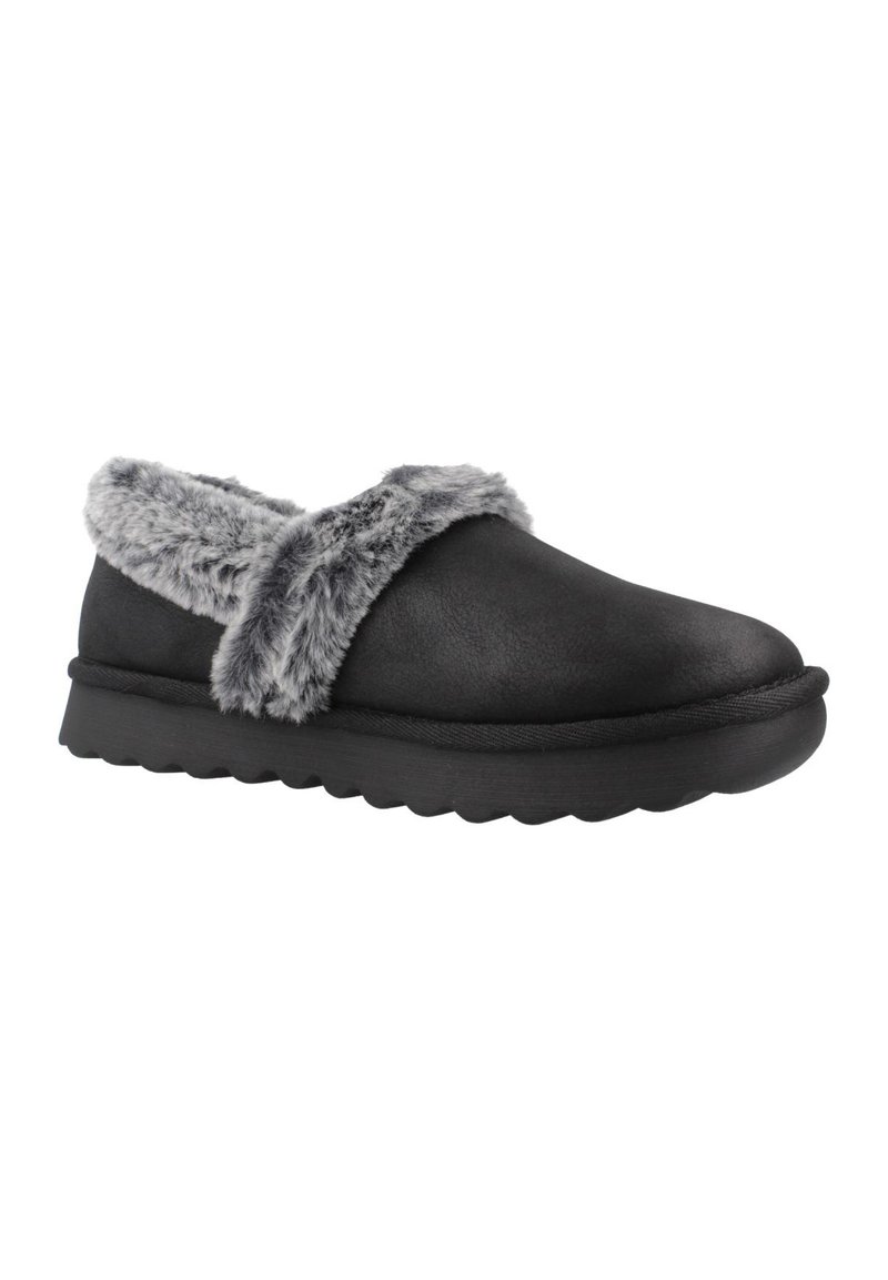 Zapatos negros tipo slip-on con un exterior de cuero texturizado y un cuello de piel sintética gris. Cuentan con una suela gruesa y ondulada para mayor comodidad.