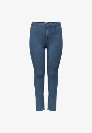Jean skinny en denim bleu moyen, avec un design classique à cinq poches, une fermeture éclair avec un bouton et une finition minimaliste.