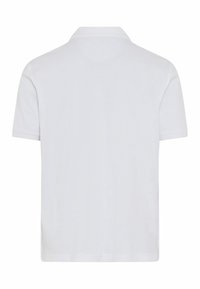 Weißes Polohemd, kurze Ärmel, klassischer Kragen, strukturierter Stoff, schlichtes Design, gerader Saum. Rückansicht zeigt keine zusätzlichen Details.
