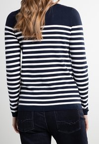Maglione a maniche lunghe a righe navy e bianche con collo, polsini e orlo a coste. Il tessuto sembra morbido; il design ha una vestibilità casual.