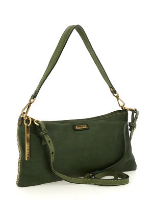 Borsa a tracolla in pelle verde dal design elegante, con dettagli in metallo dorato e tracolla removibile. Presenta un dettaglio laterale testurizzato.