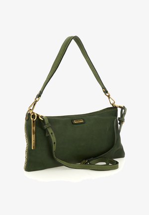 Borsa a tracolla in pelle verde dal design elegante, con dettagli in metallo dorato e tracolla removibile. Presenta un dettaglio laterale testurizzato.