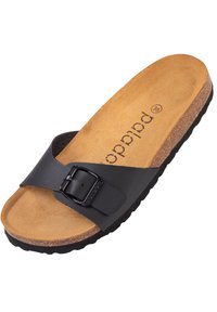 Sandale en cuir noir avec boucle réglable, semelle en liège et semelle en caoutchouc texturée. Dispose d'un intérieur lisse en marron. Taille 36.