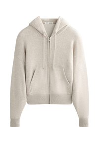 Light grey zip-up hoodie made of soft cotton, featuring a kangaroo pocket, drawstring hood, and ribbed cuffs and hem.