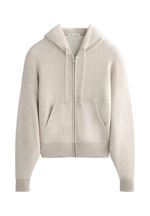 Lichtgrijze zip-up hoodie van zacht katoen, met een kangoeroezak, een capuchon met trekkers en ribgebreide manchetten en onderrand.
