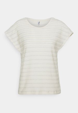 Flødefarvet t-shirt med rund hals og korte ærmer, med vandrette teksturerede striber og en afslappet pasform. Kan maskinvaskes.