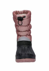 Obermaterial aus pink gestepptem Stoff mit elastischem Bund, grauen Akzenten und schwarzem Gummibereich unten. Abgerundete Zehenpartie und profilierte Sohle. Wasserdichtes Design.