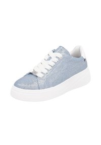 Light blue denim sneakers with white laces, a textured finish, and a white rubber sole, featuring subtle metallic threads for detail.