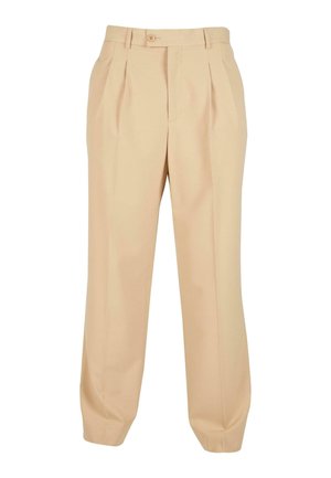 Beige tailored trousers with front pleats, button closure, and tapered ankles, made from lightweight material. Smooth texture and straight fit.