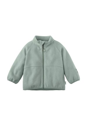 Hellgrüner Fleece-Jacke mit hohem Kragen, Frontreißverschluss, Raglanärmel und besticktem Detail an einem Ärmel. Weiche Textur.
