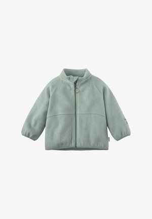 Hellgrüner Fleece-Jacke mit hohem Kragen, Frontreißverschluss, Raglanärmel und besticktem Detail an einem Ärmel. Weiche Textur.