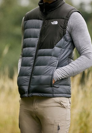 Mężczyzna ubrany w czarną i szarą pikowaną kamizelkę North Face na szarą bluzę z długim rękawem i beżowe spodnie cargo, na zewnątrz, na tle przyrody.