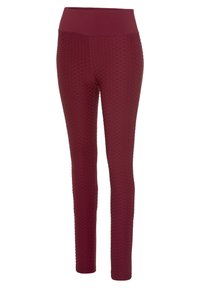 Burgunderfarbene Leggings mit einem strukturierten, hexagonalen Muster, ausgestattet mit einem breiten, hohen Bund und einer figurbetonten Silhouette. Glatte Stoffoberfläche.
