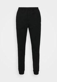 Svarta sweatpants av mjuk tyg, med resårmidja och snörning, samt muddade fållar. Minimalistisk design utan mönster.